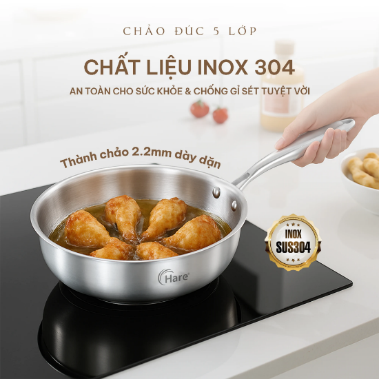 Ảnh của CHẢO INOX 5 LỚP LIỀN KHỐI CHỐNG DÍNH TỰ THÂN HARE HR-P2024; HR-P2028; HR-P2030