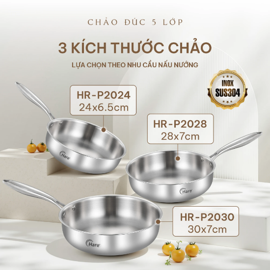Ảnh của CHẢO INOX 5 LỚP LIỀN KHỐI CHỐNG DÍNH TỰ THÂN HARE HR-P2024; HR-P2028; HR-P2030
