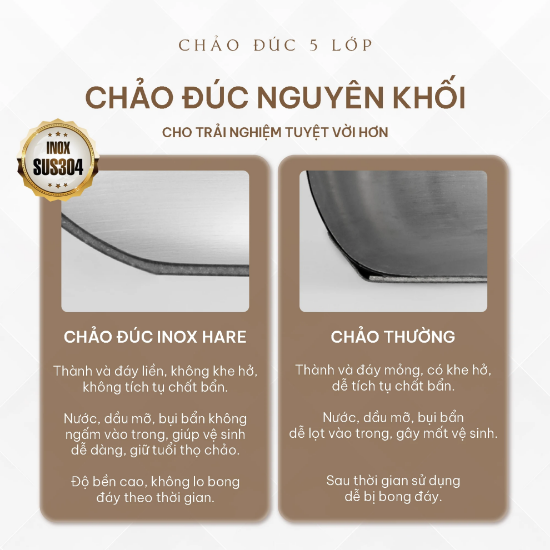 Ảnh của CHẢO INOX 5 LỚP LIỀN KHỐI CHỐNG DÍNH TỰ THÂN HARE HR-P2024; HR-P2028; HR-P2030