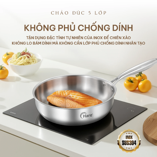 Ảnh của CHẢO INOX 5 LỚP LIỀN KHỐI CHỐNG DÍNH TỰ THÂN HARE HR-P2024; HR-P2028; HR-P2030