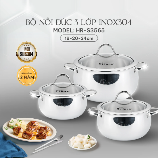 Ảnh của BỘ NỒI ĐÚC 3 LỚP INOX 304  HARE HR-3565