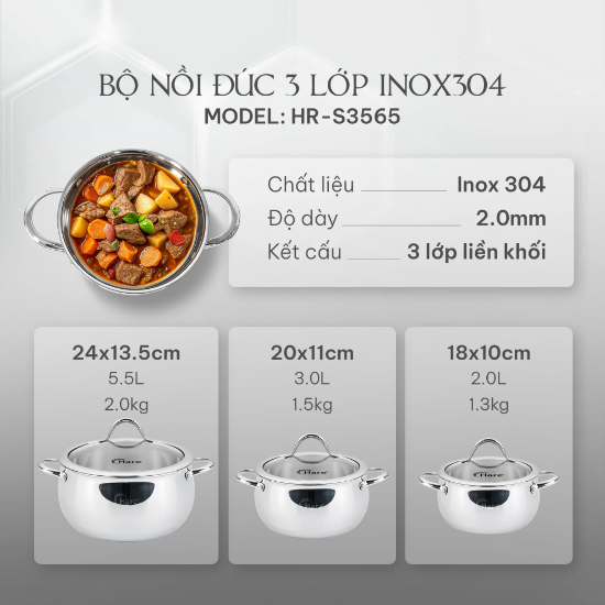 Ảnh của BỘ NỒI ĐÚC 3 LỚP INOX 304  HARE HR-3565