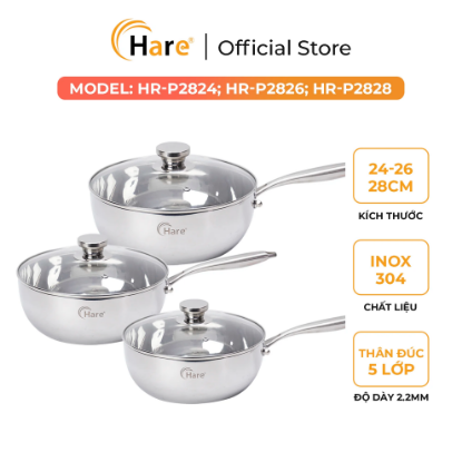 Ảnh của CHẢO INOX 5 LỚP LIỀN KHỐI CHỐNG DÍNH TỰ THÂN HARE HR-P2824; HR-P2826; HR-P2828