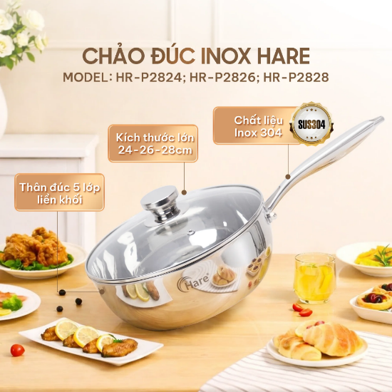 Ảnh của CHẢO INOX 5 LỚP LIỀN KHỐI CHỐNG DÍNH TỰ THÂN HARE HR-P2824; HR-P2826; HR-P2828