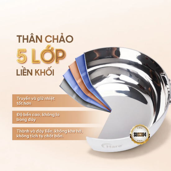 Ảnh của CHẢO INOX 5 LỚP LIỀN KHỐI CHỐNG DÍNH TỰ THÂN HARE HR-P2824; HR-P2826; HR-P2828