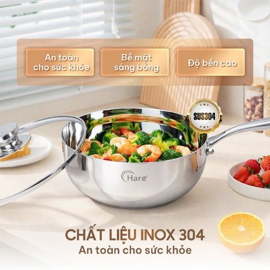 Ảnh của CHẢO INOX 5 LỚP LIỀN KHỐI CHỐNG DÍNH TỰ THÂN HARE HR-P2824; HR-P2826; HR-P2828