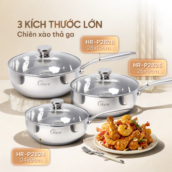 Ảnh của CHẢO INOX 5 LỚP LIỀN KHỐI CHỐNG DÍNH TỰ THÂN HARE HR-P2824; HR-P2826; HR-P2828